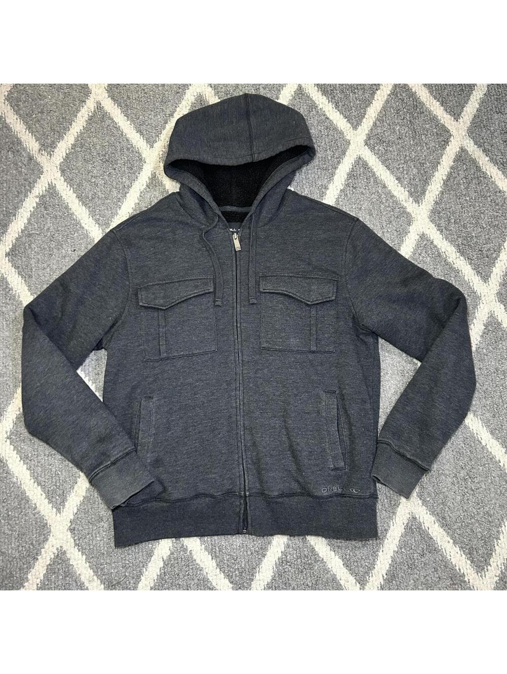 O'Neill Hoodie Jacket Mens Small Dark Gray Sherpa Lined Full Zip Surf Pockets